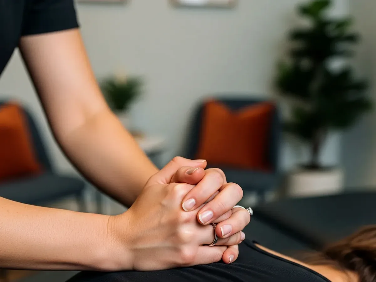 Dr. Xidos's hands clasped, ready to adjust a patient on the table