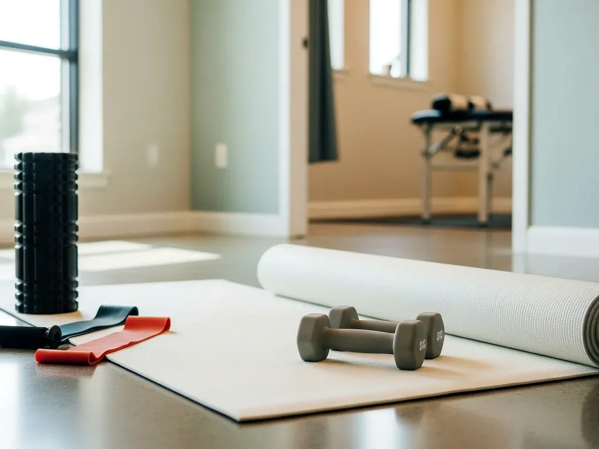 Foam roller, resistance bands and dumbbells set out on a mat in the Atlas exercise area